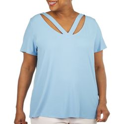 Ava James Plus Solid Ribbed Criss Cross Short Sleeve Top