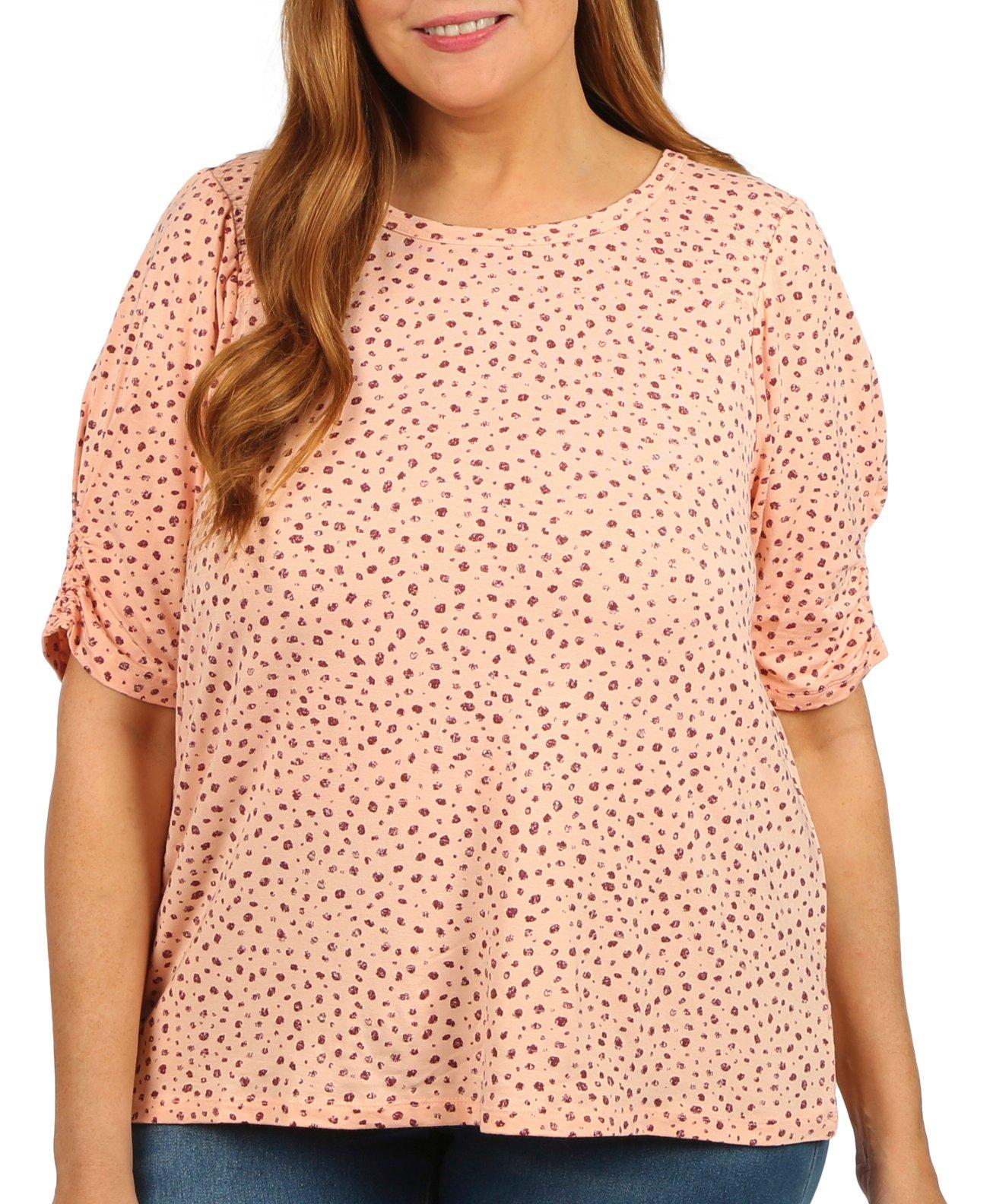 Plus Dotted Round Neck Elbow Puff Sleeve Top
