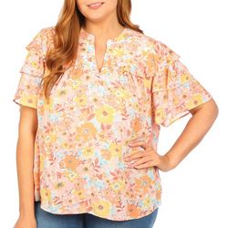 Democracy Plus Short Sleeve Ruffle Quilted V-Neck Top