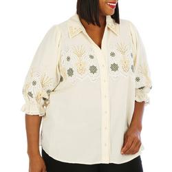 Plus Embroidered Button Down 3/4 Sleeve Top