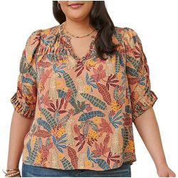 Plus Tropical Ruched Ruffle Notch Neck Woven Top