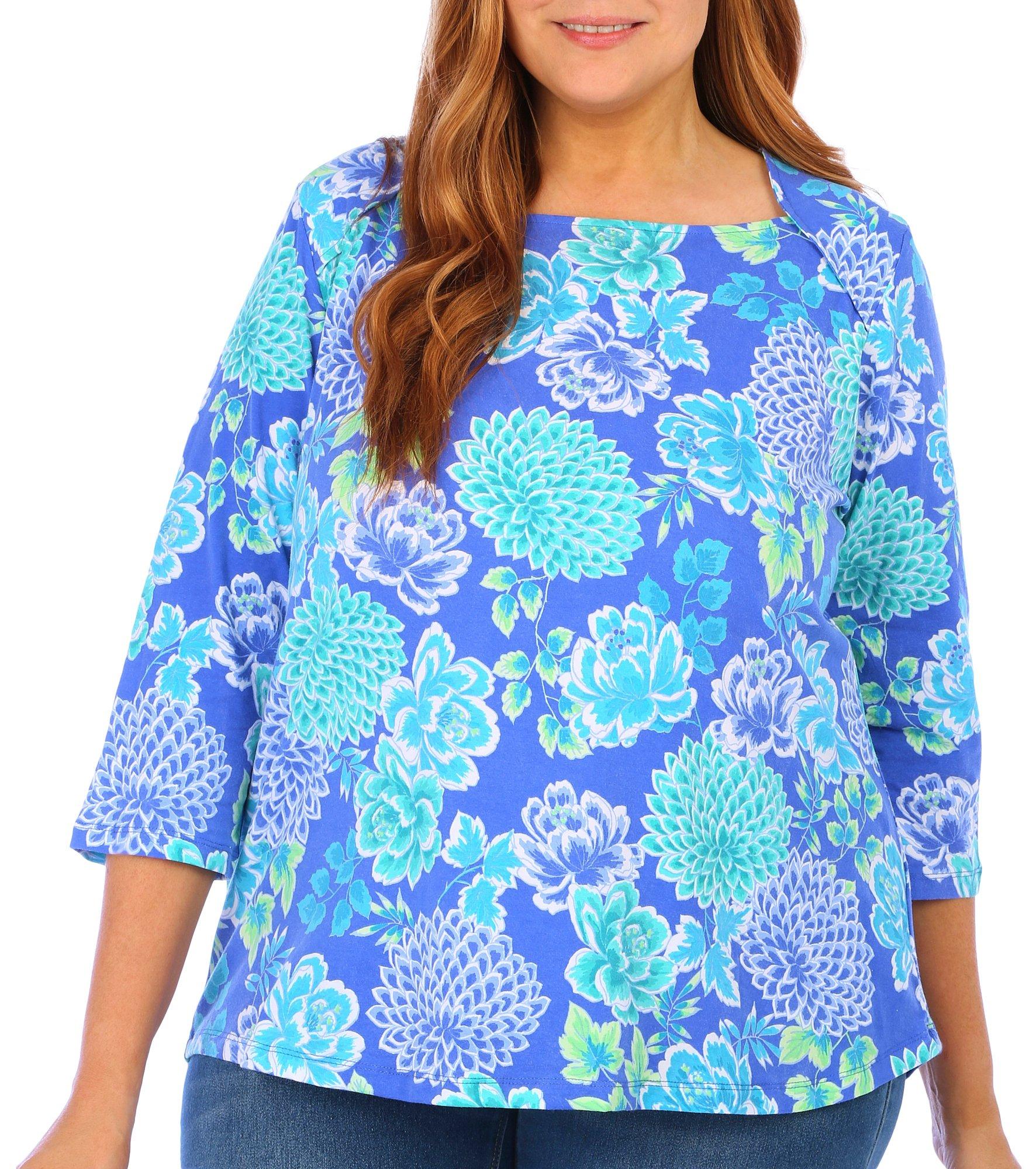Ruby Road Plus Floral Square Neck 3/4 Sleeve Top