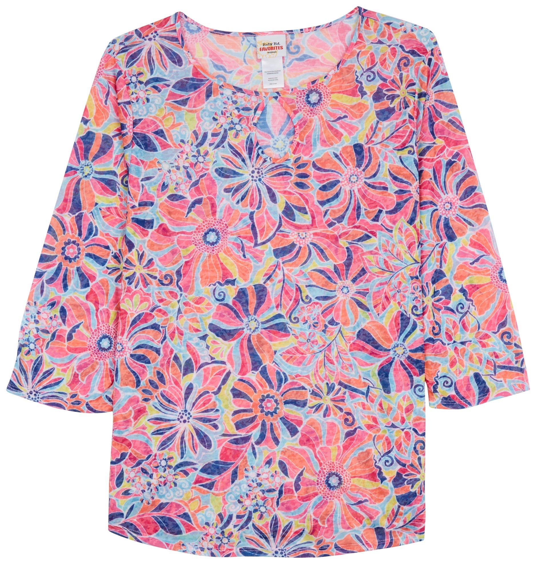 Ruby Road Plus Floral Keyhole 3/4 Sleeve Top