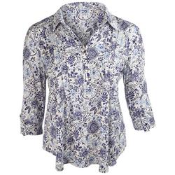 Plus Floral 3/4 Sleeve Pleated Henley Top