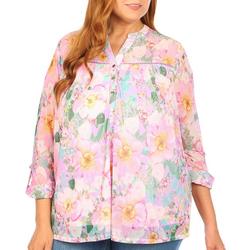 Plus Floral Henley Pleated 3/4 Sleeve Top