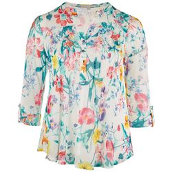 Juniper + Lime Plus Floral Pleated Henley 3/4 Sleeve Top