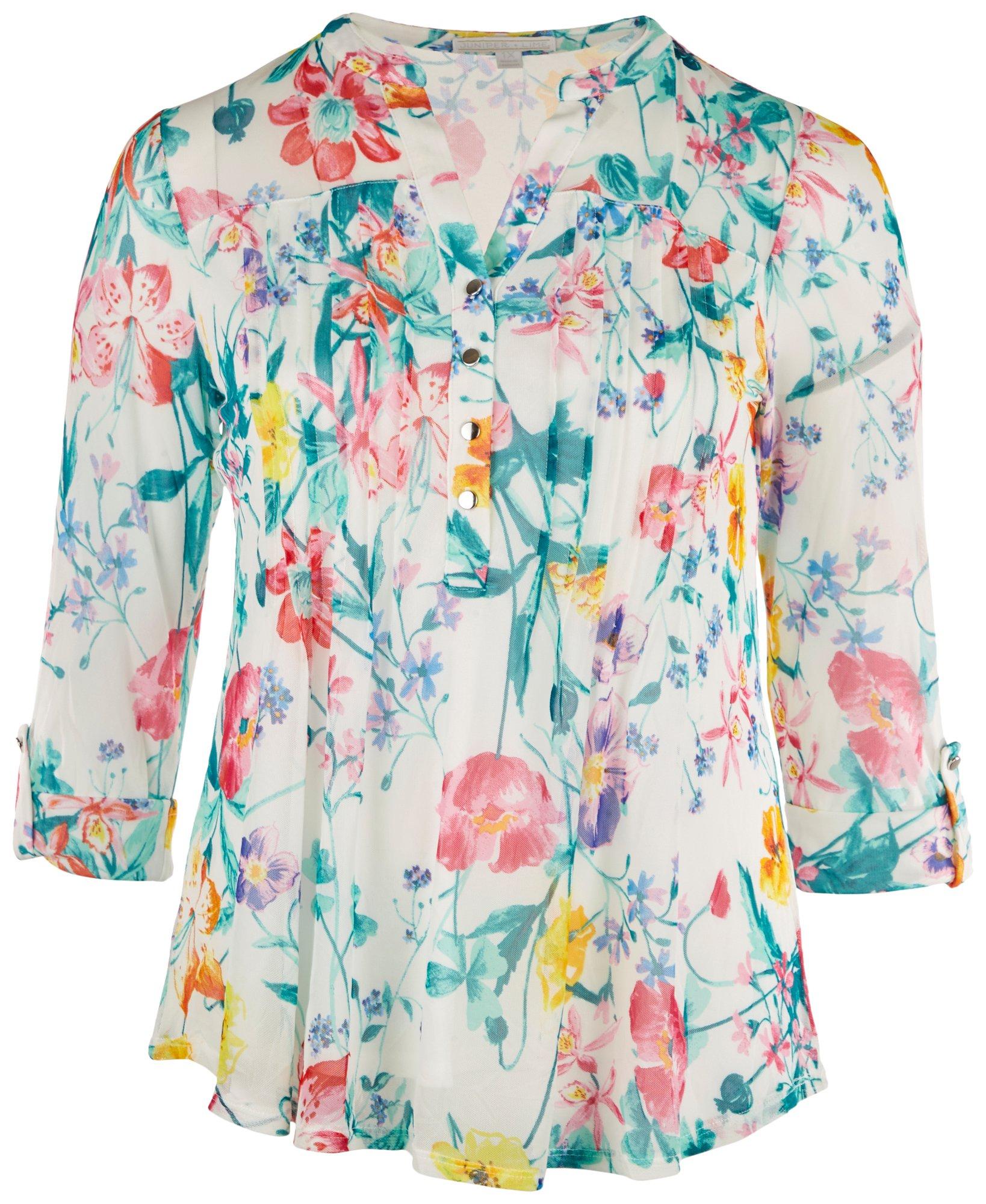 Plus Floral Pleated Henley 3/4 Sleeve Top