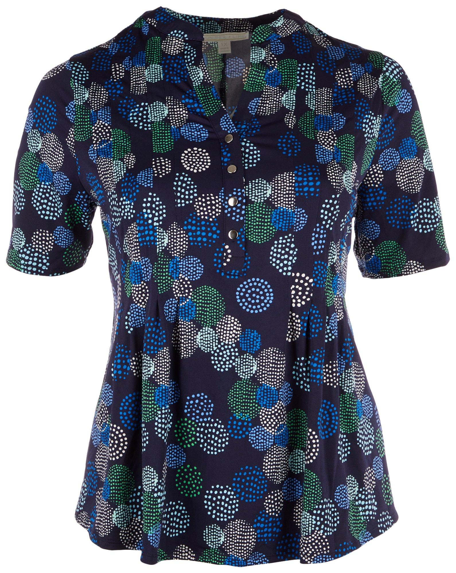 Plus Dots Short Sleeve Pleated Henley Top