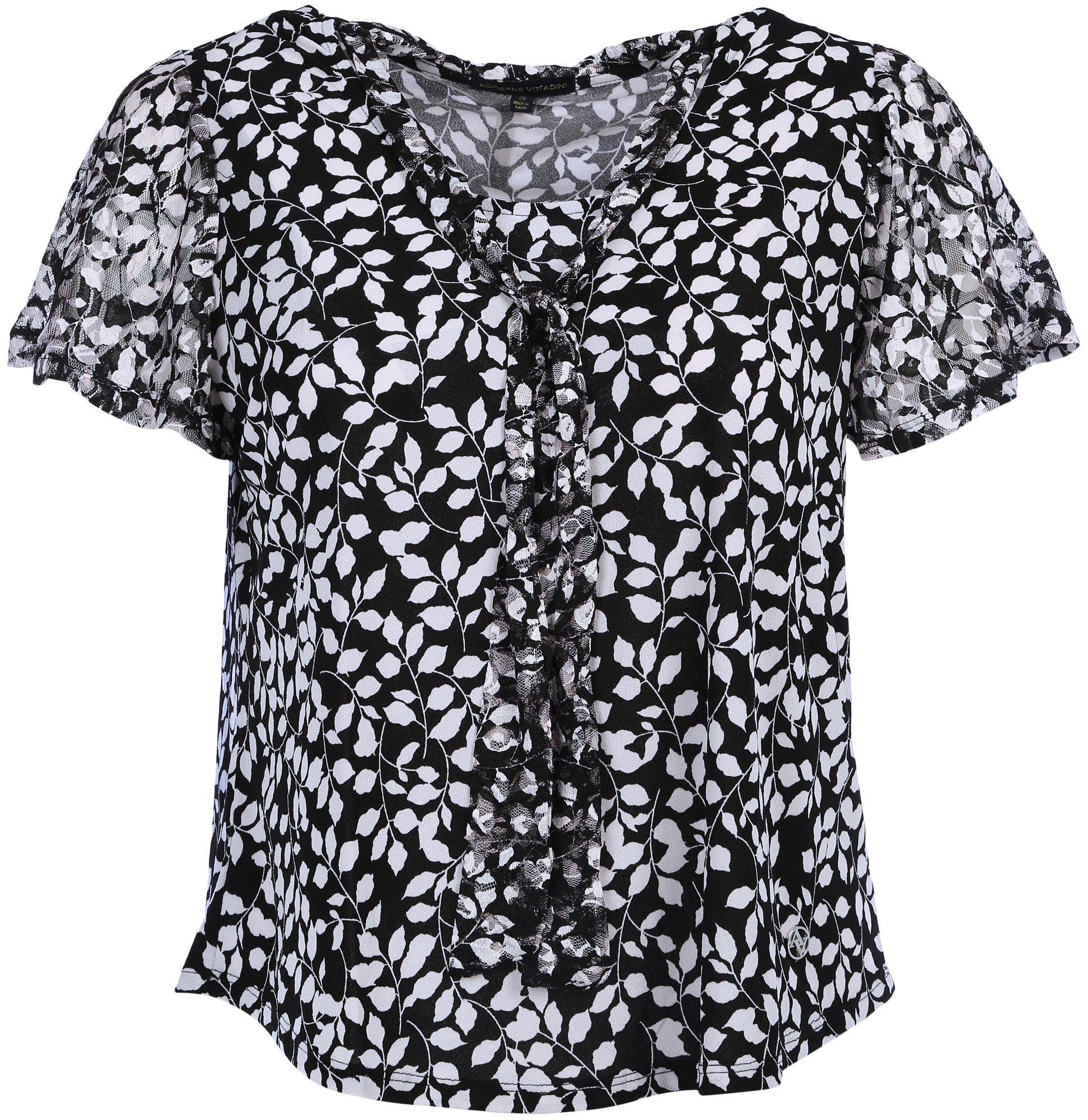 Adrienne Vittadini Plus Floral Tie Front Short Sleeve Top