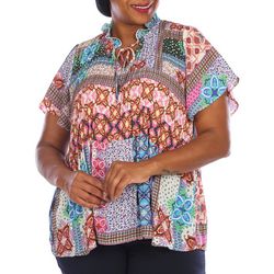 Sunny Leigh Plus Patchwork Crinkle Tie Short Sleeve Top