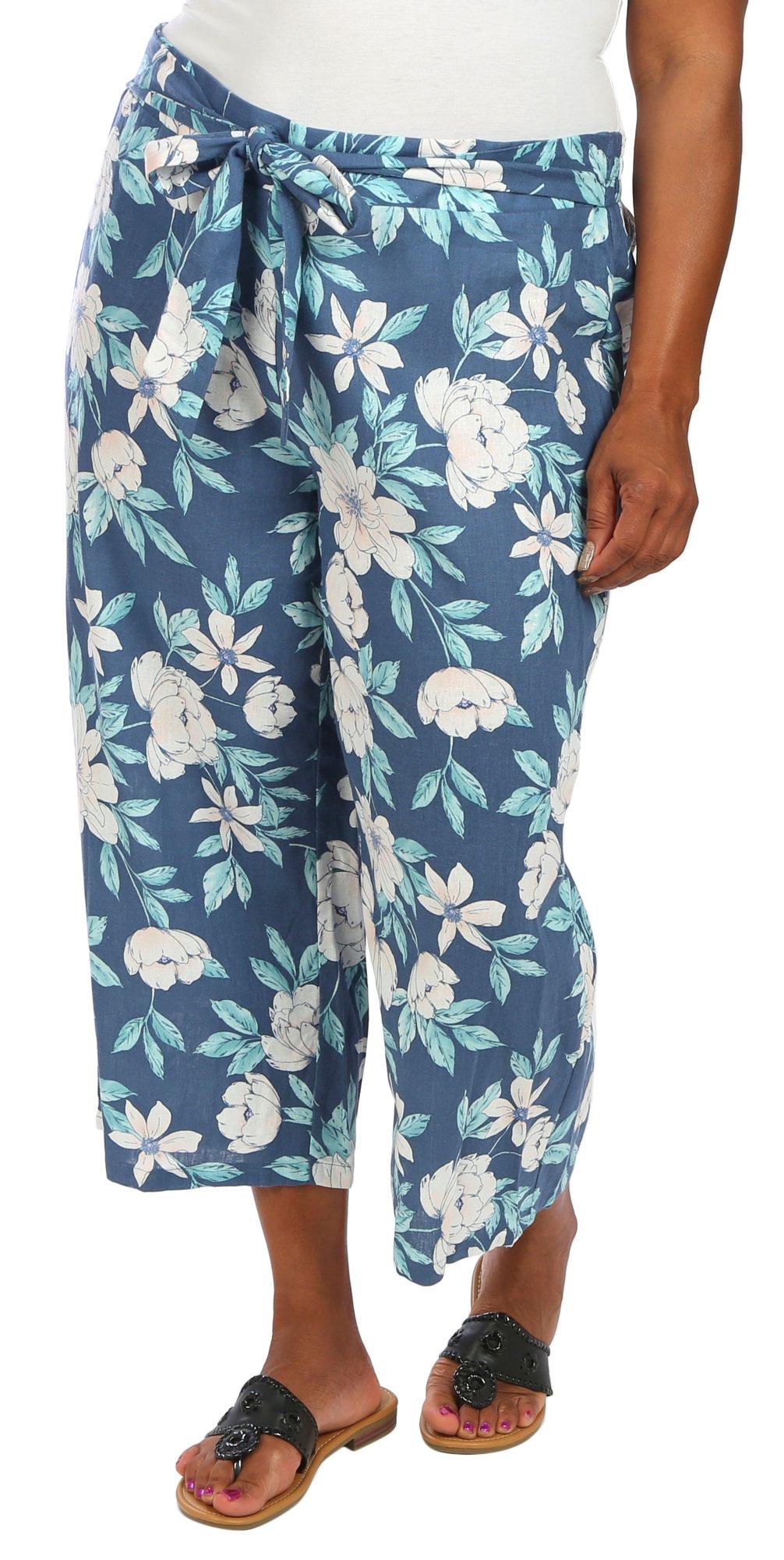 Plus Floral Linen Crop Length Pants