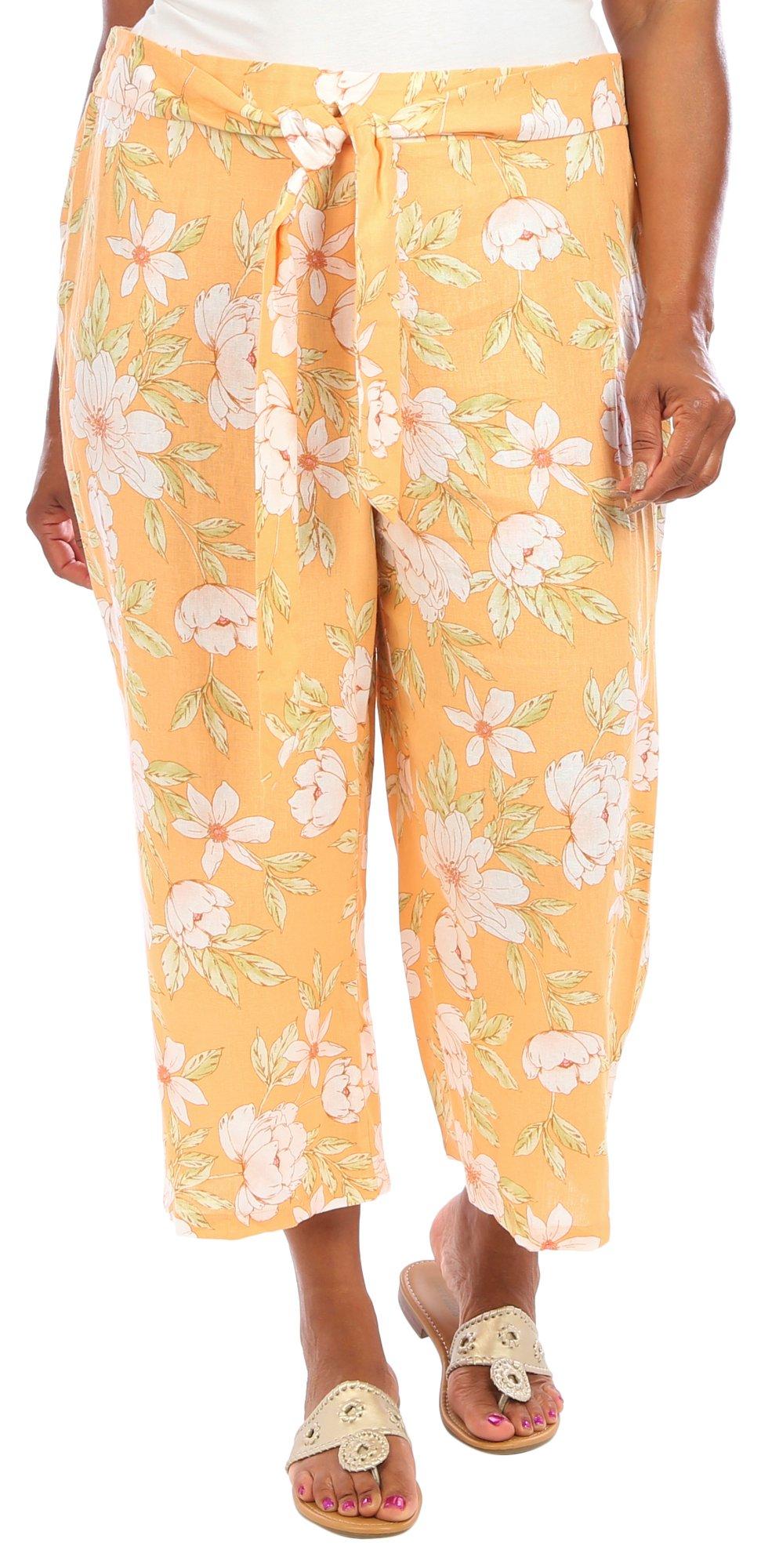 Plus Tropical Floral Linen Crop Length Pants