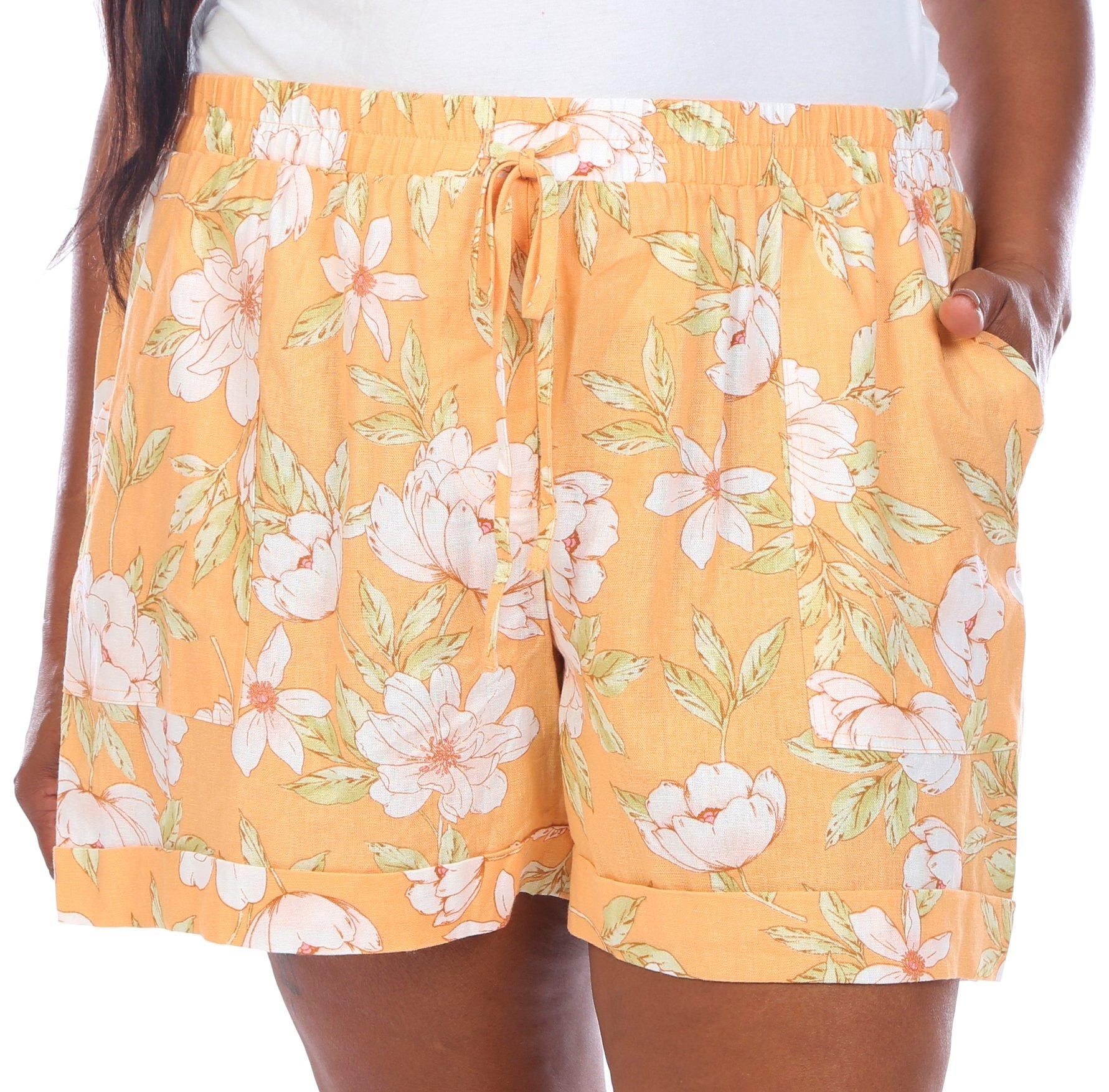 Plus Floral Drawstring Linen Shorts
