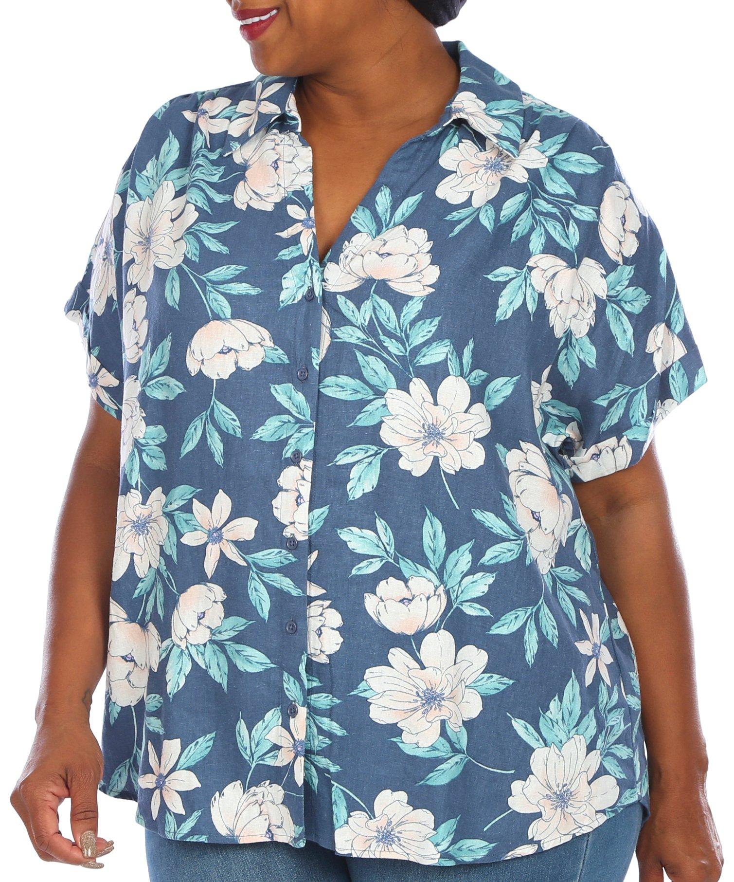 Blue Sol Plus Floral Short Sleeve Roll Cuff Button Down Top