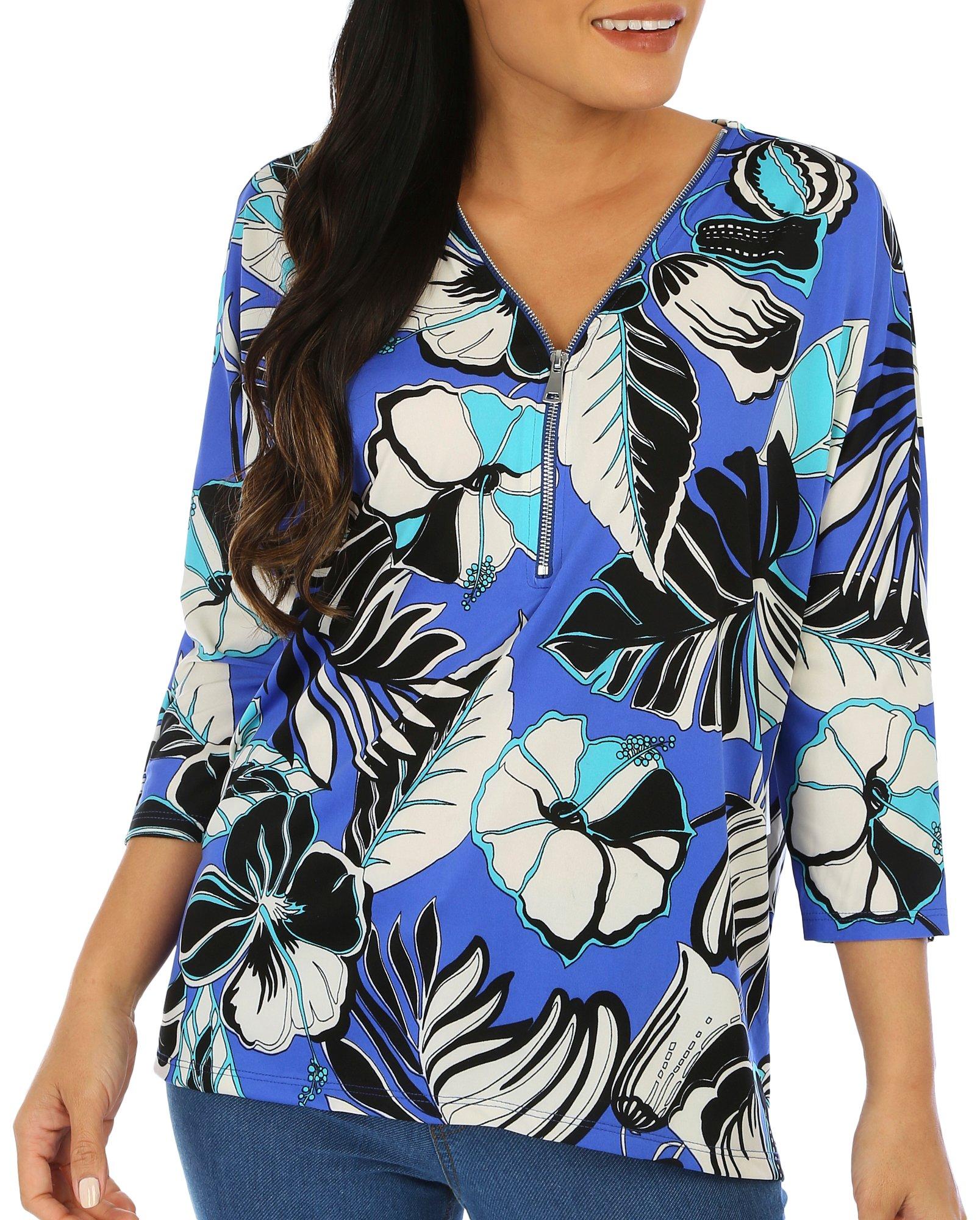 Womens Tropical Zip 3/4 Sleeve Stretch Top