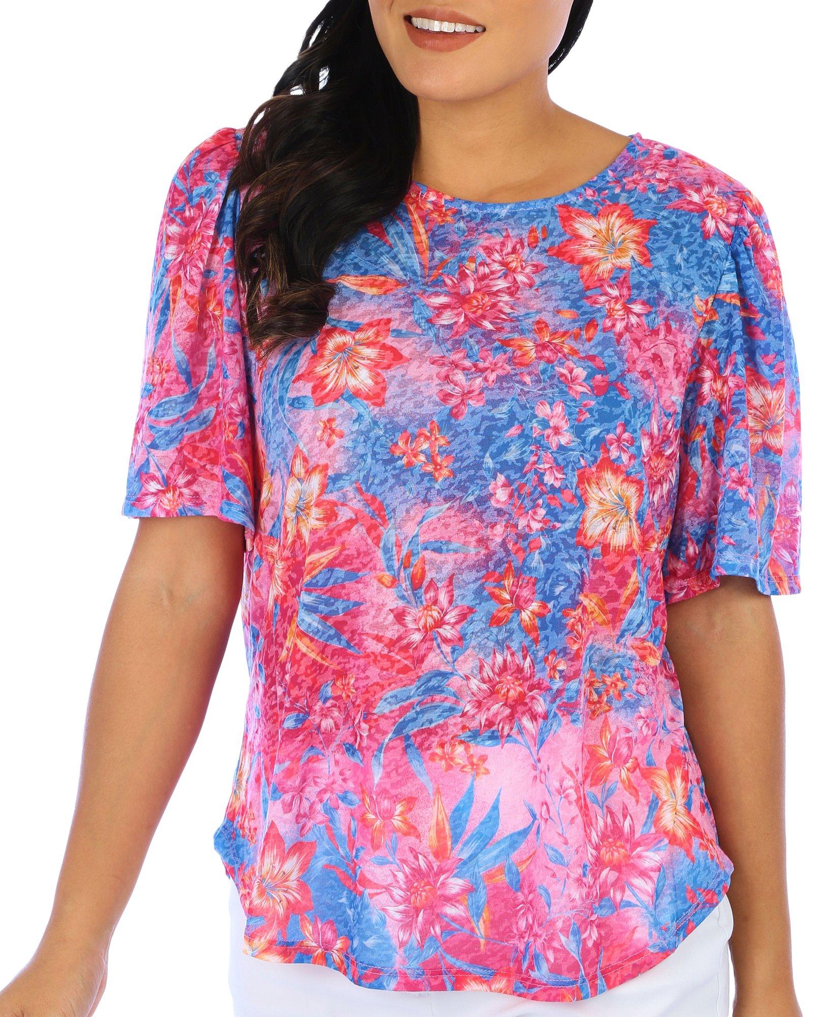 Ruby Road Womens Burnout Floral Print Short Sleeve Top