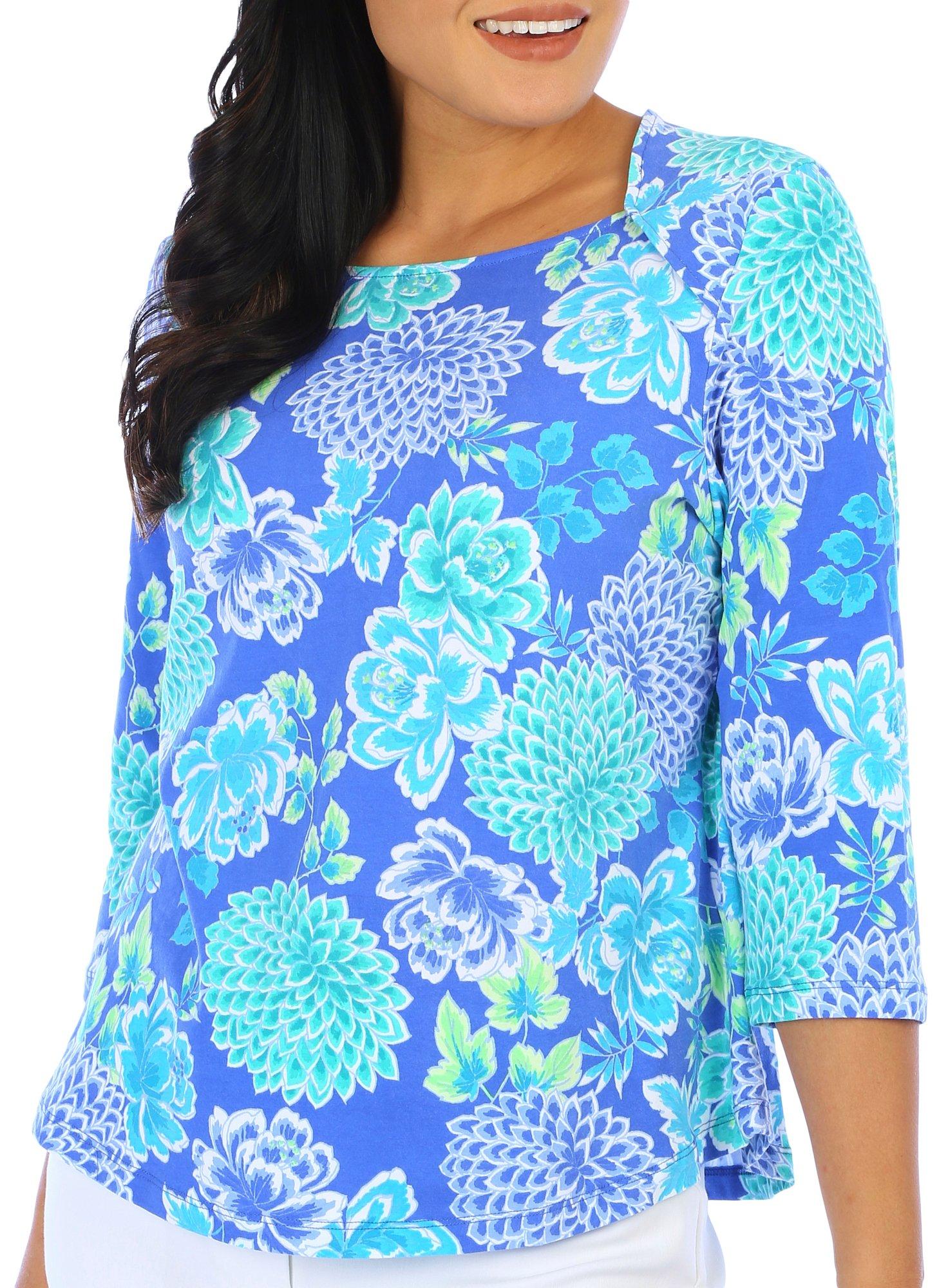 Womens Floral Square Neck 3/4 Sleeve Top