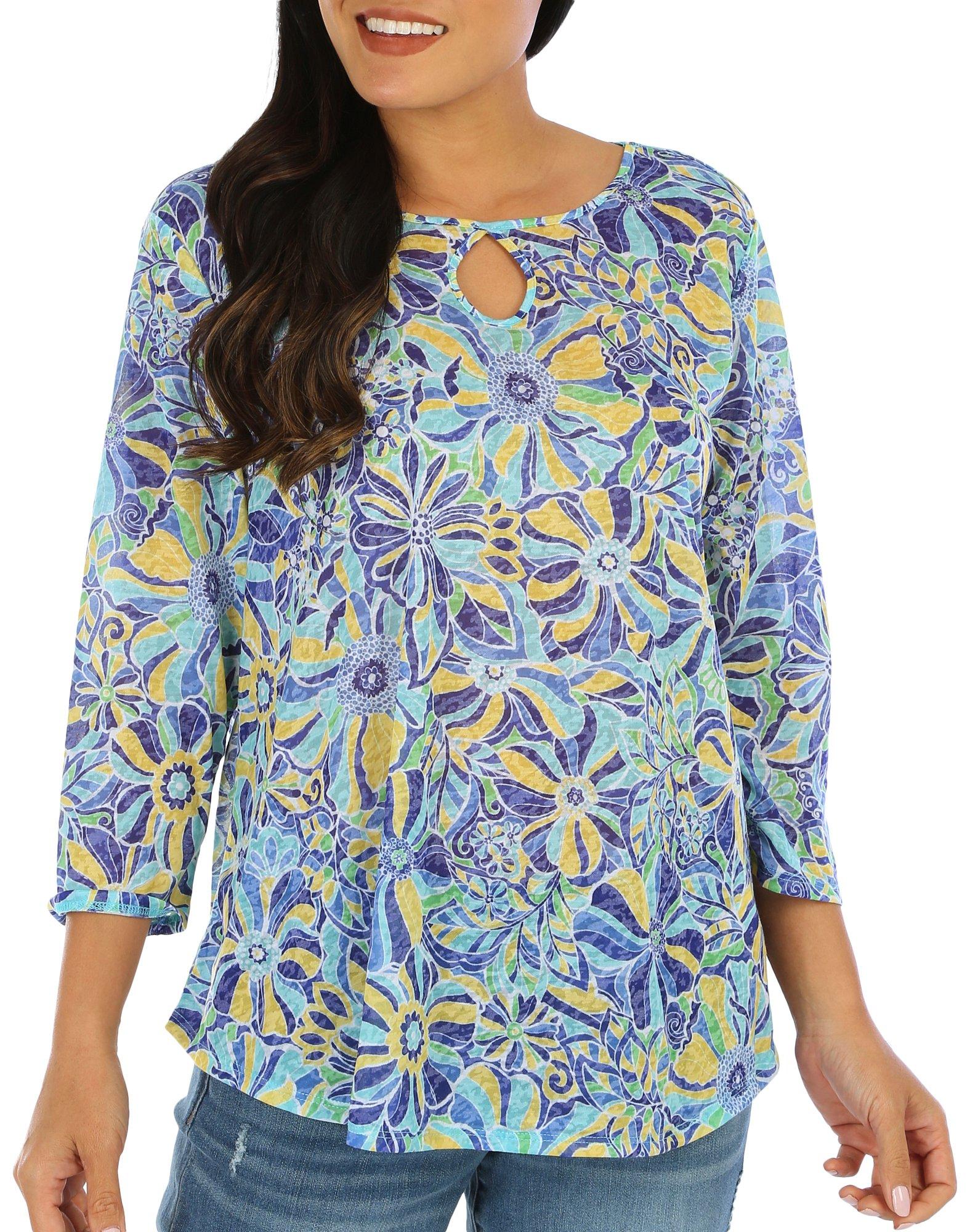 Ruby Road Womens Burnout Floral Keyhole 3/4 Sleeve Top