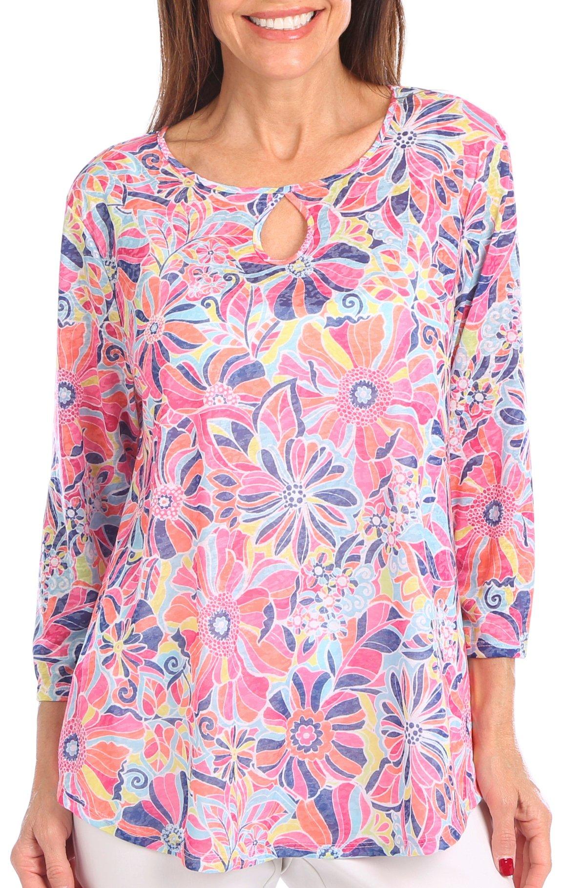 Ruby Road Womens Burnout Floral Print Keyhole 3/4 Sleeve Top