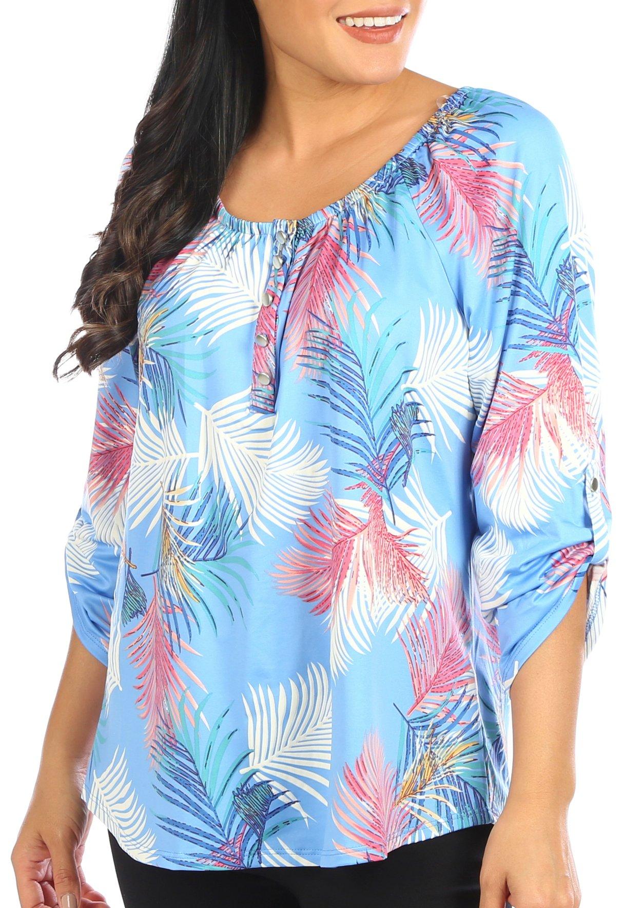 Juniper + Lime Womens Feather Print 3/4 Sleeve Top