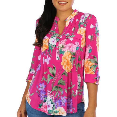 Juniper + Lime Womens Floral Pleated 3/4 Sleeve