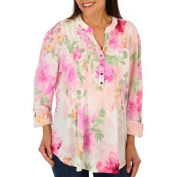 Juniper + Lime Womens Floral 3/4 Sleeve Pleated Henley Top