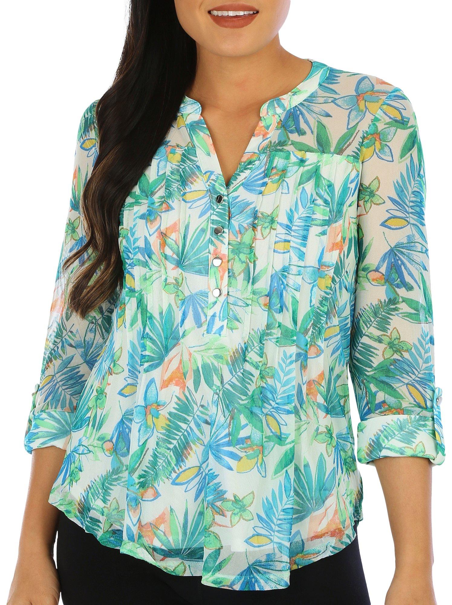 Juniper + Lime Womens Tropical Pleated 3/4 Sleeve Top