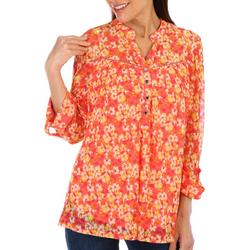 Womens Bright Floral Mesh Henley Top