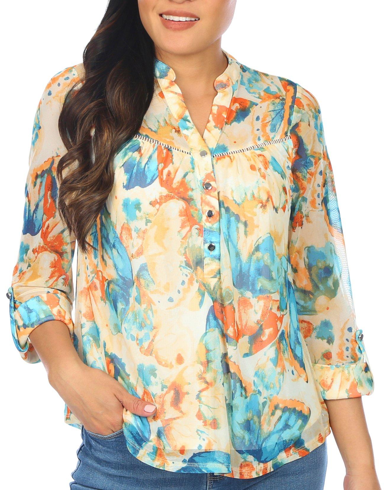 Womens  Print Pleat With Trim 3/4 Sleeve Top