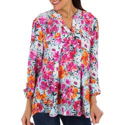 Juniper + Lime Womens Floral 3/4 Sleeve Pleated Henley Top