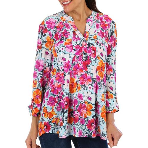 Juniper + Lime Womens Floral 3/4 Sleeve Pleated