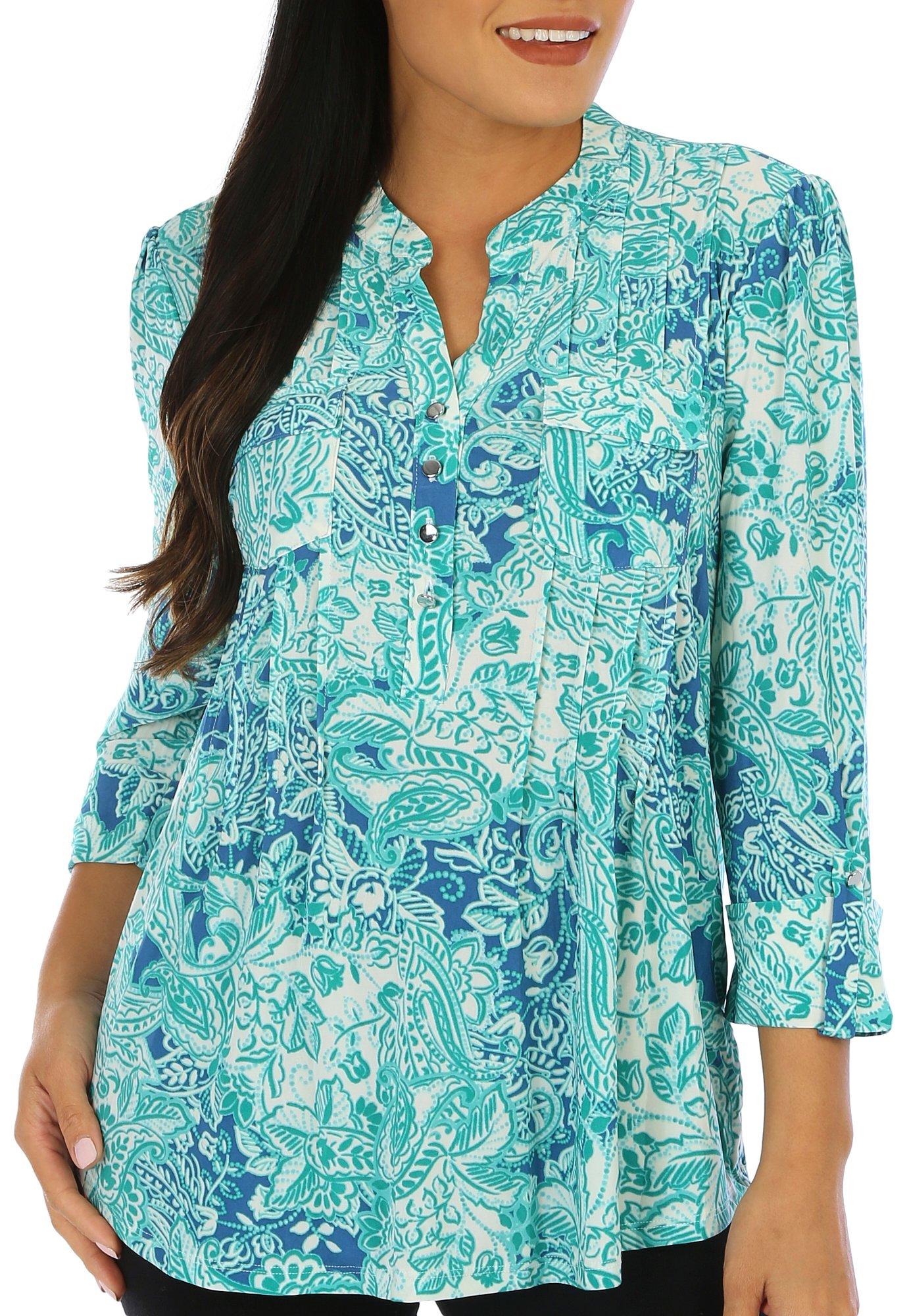 Juniper + Lime Womens Paisley Pleated Henley 3/4