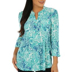 Juniper + Lime Womens Paisley Pleated Henley 3/4 Sleeve Top