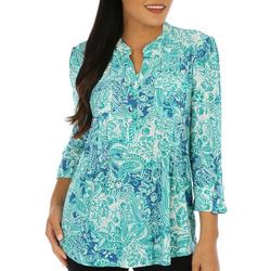 Womens Paisley Pleated Henley 3/4 Sleeve Top