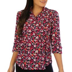 Womens Floral Pleated 3/4 Roll Sleeve Top