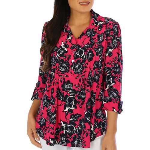 Juniper + Lime Womens Floral Pleated Henley 3/4