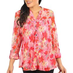 Womens Floral Henley 3/4 Sleeve Top