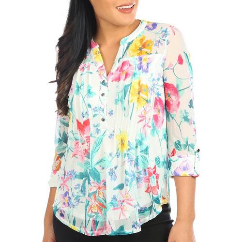 Juniper + Lime Womens Floral Pleated Henley 3/4