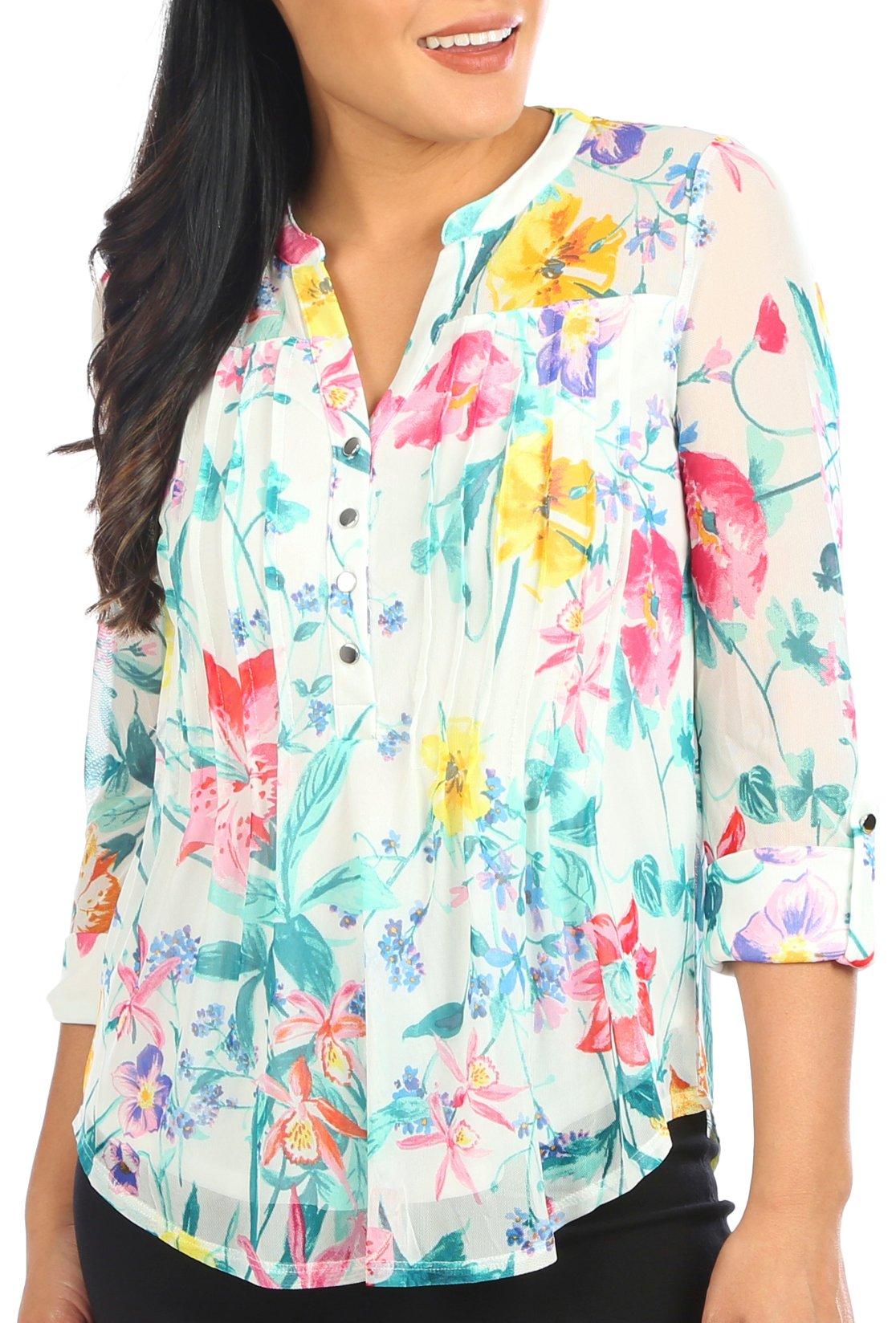 Womens Floral Pleated Henley 3/4 Sleeve Top