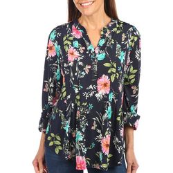 Juniper + Lime Womens Floral Pleated Henley 3/4 Sleeve Top