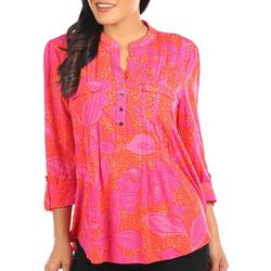 Womens Floral 3/4 Sleeve Pleated Henley Top