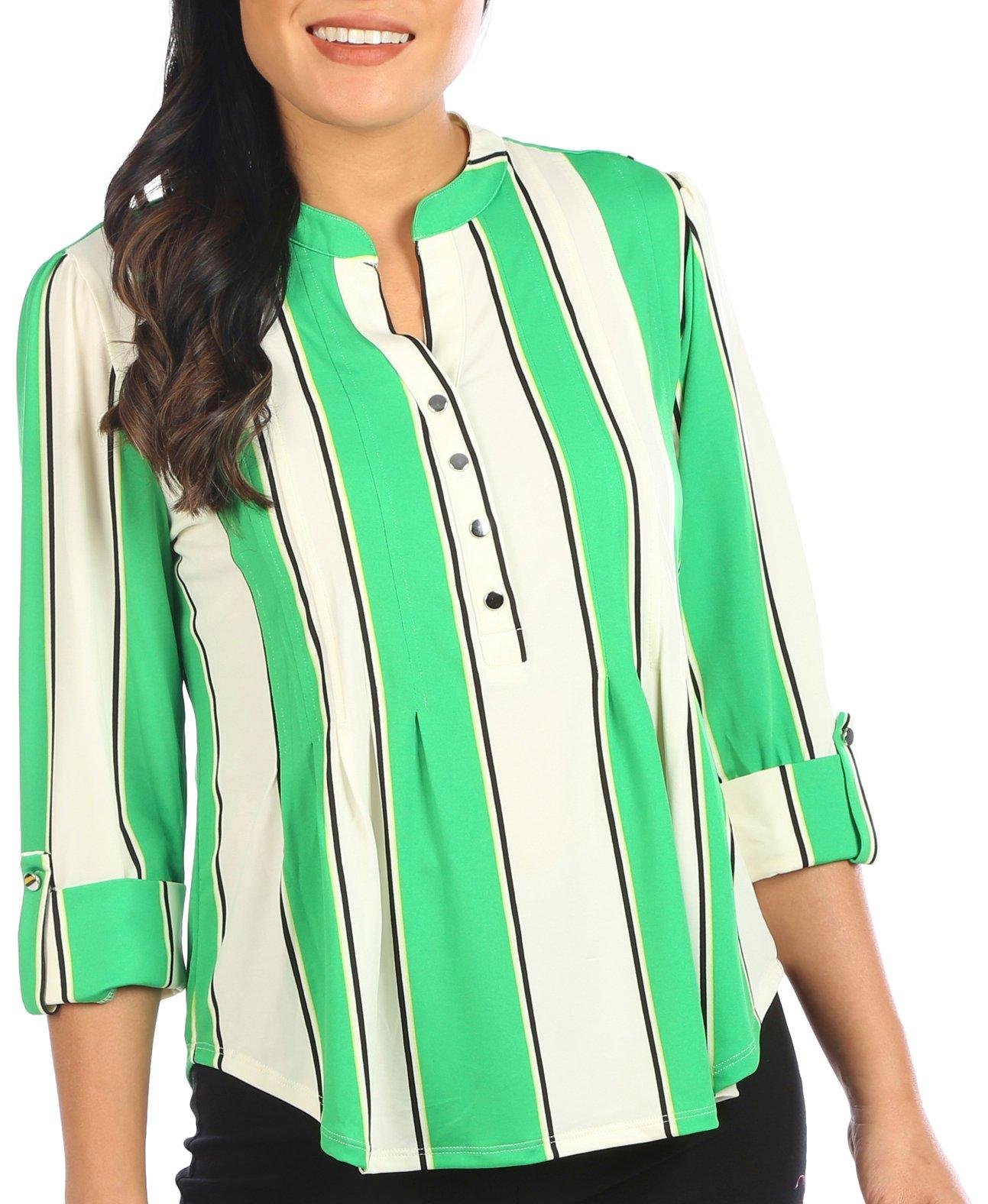 Juniper + Lime Womens Stripes 3/4 Sleeve Pleated Henley Top