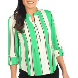 Womens Stripes 3/4 Sleeve Pleated Henley Top