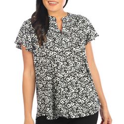 Juniper + Lime Womens Floral Lace Up Short Sleeve Top