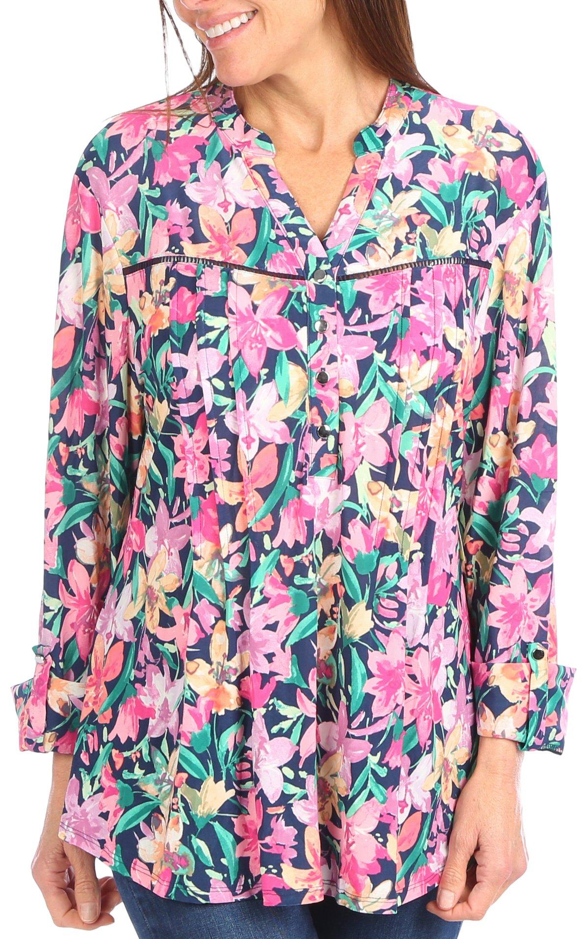 Juniper + Lime Womens Floral Pleated 3/4 Sleeve Top