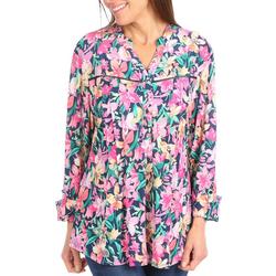 Womens Floral Pleated 3/4 Sleeve Top