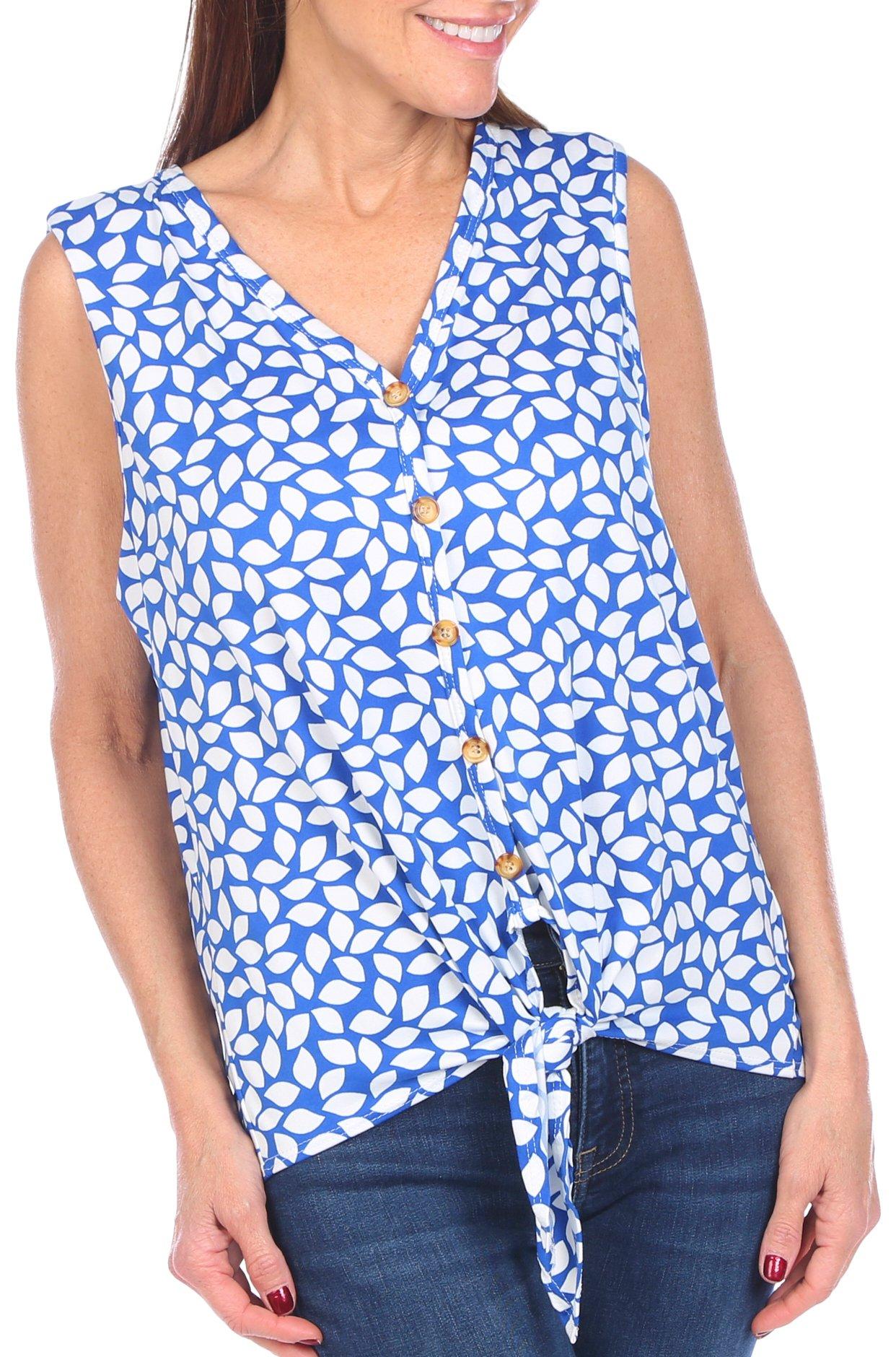 Womens Leaves Print Tie-Front Sleeveless Top