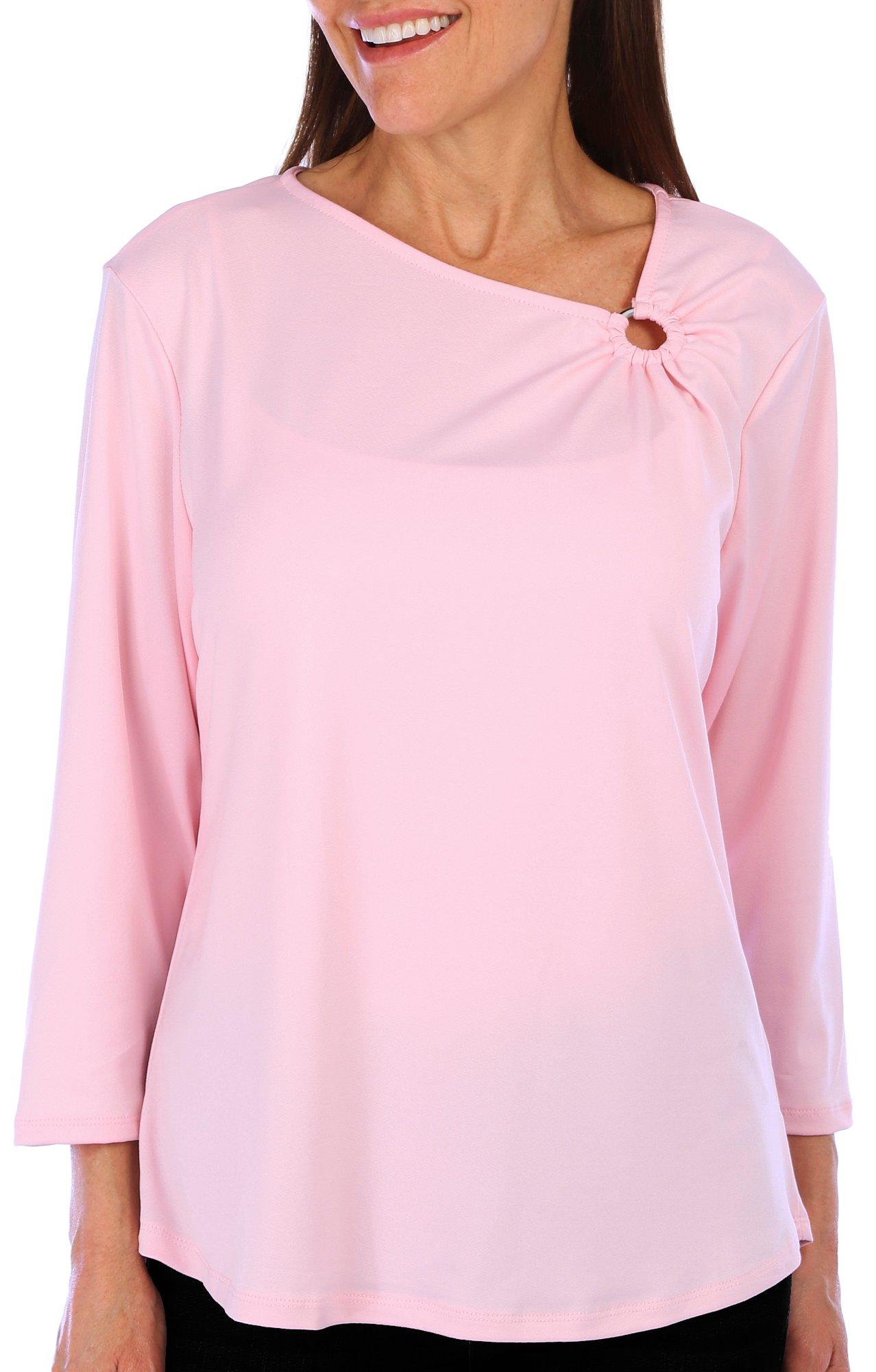 Womens Solid O-Ring Neckline 3/4 Sleeve Top