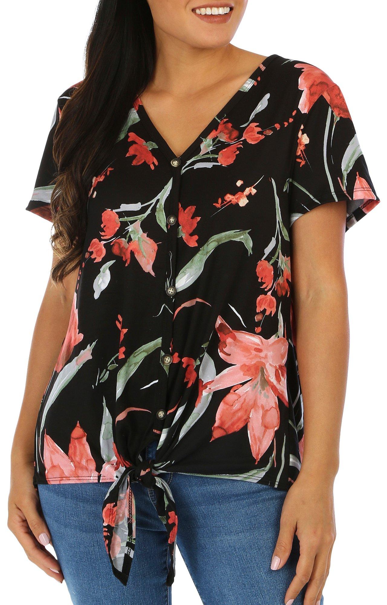 Womens Floral Front Tie Short Sleeve Top