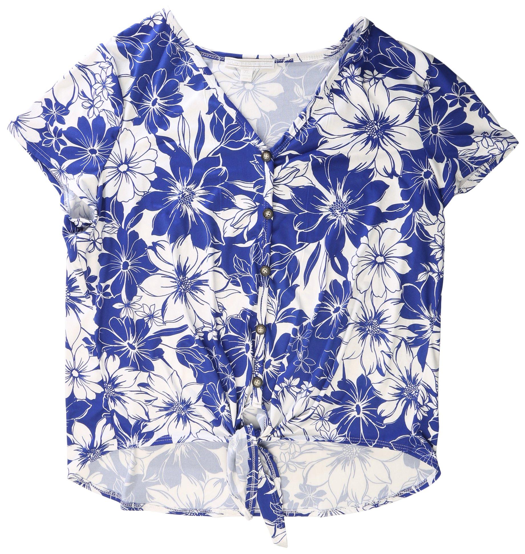 Womens Floral Tie Front Short Sleeve Top